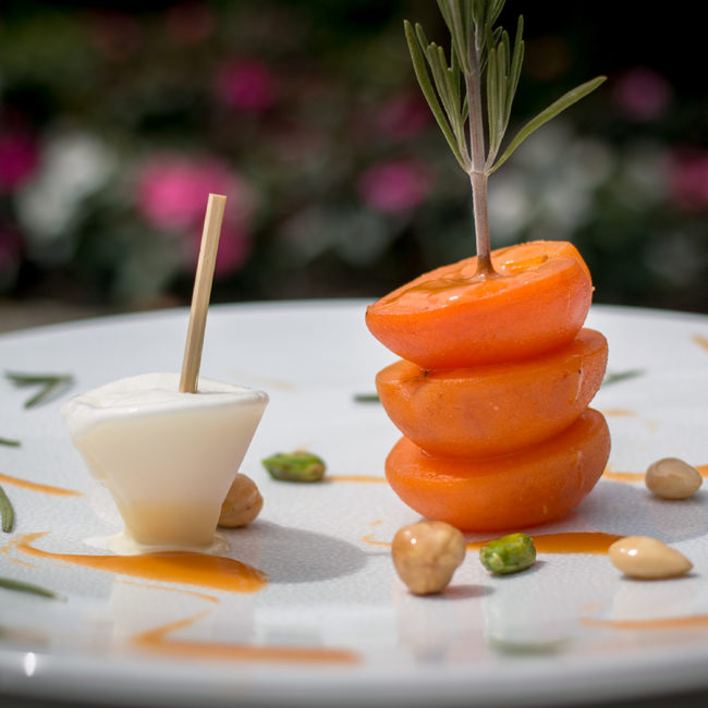 Découvrez une recette de dessert pleine de fraîcheur et de gourmandise, réalisée par Esteban Valle, directeur du restaurant du Domaine de Châteauvieux. Dans la salle du restaurant, Esteban partage avec vous sa façon de sublimer les abricots : délicatement flambés au miel d’acacia et relevés d’une touche de romarin.