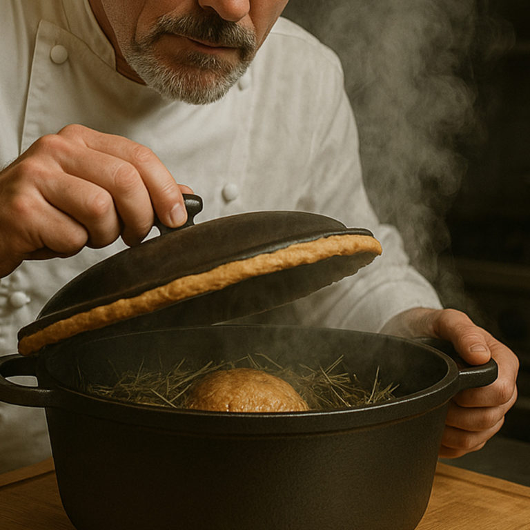 L'agneau du Limousin par Damien Coche en cocotte lutée au foin